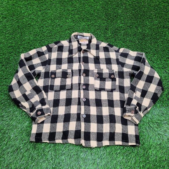 Vintage 80s MOD Wool Plaid Jacket Large 23x26 Ivory Shacket - Picture 1 of 13